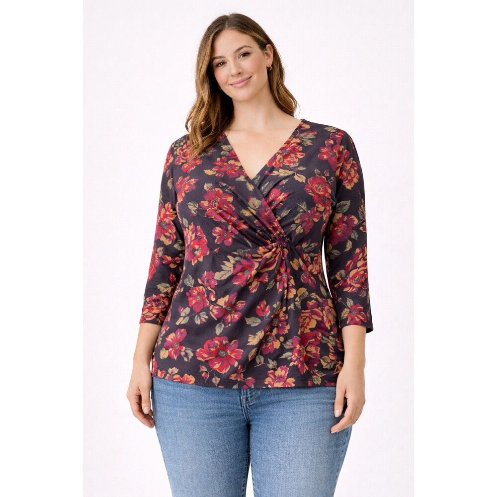 Chaps Women’s Faux Surplice Wrap V-Neck Blouse 3/4-Sleeves‎ Size 1X Casual